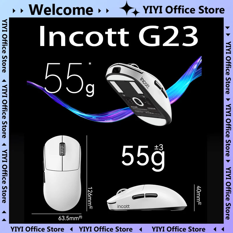 

Incott G23 Беспроводная Bluetooth-микропереключатель с возможностью горячей замены Мышь Paw3395/3950 26K/30kDPI Трехрежимное подключение Мышь для киберспорта