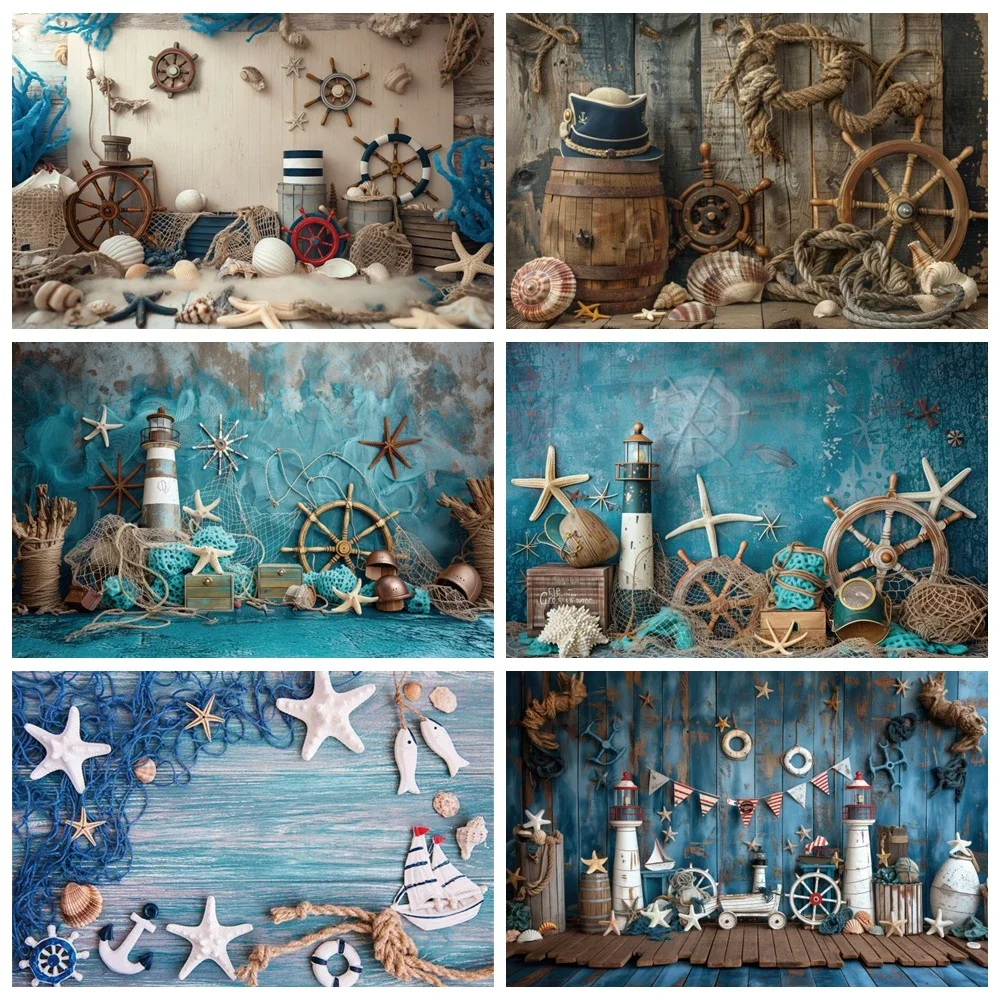 

Blue Wooden Nautical Backdrop Decor Sailing Ship Boat Rudder Fishing Net Lighthouse Background Summer Theme Baby Shower Birthday