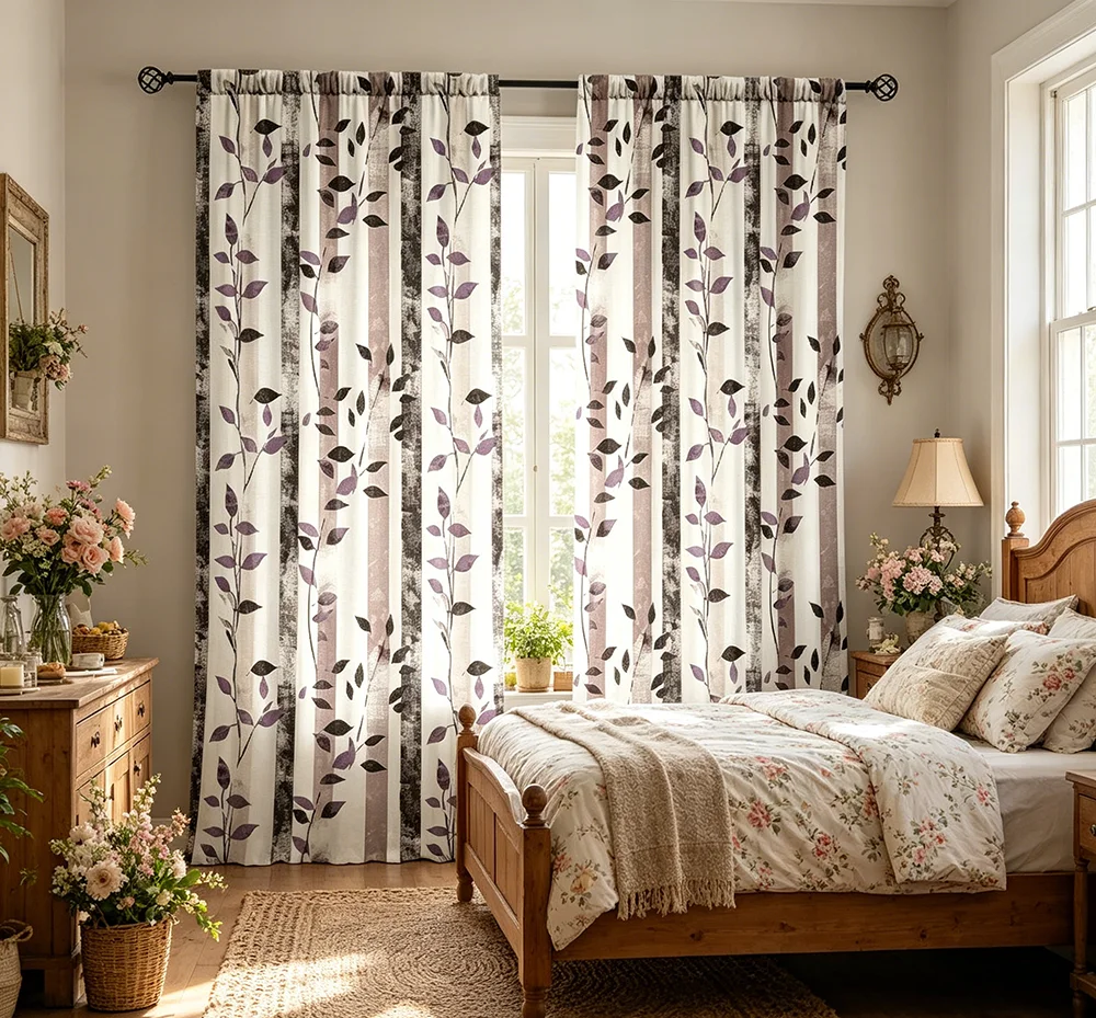 2PCS Digital Printed Curtains, Striped Purple Leaves Pattern, Beautiful Window Drapes for Living Room Bedroom Home Decor