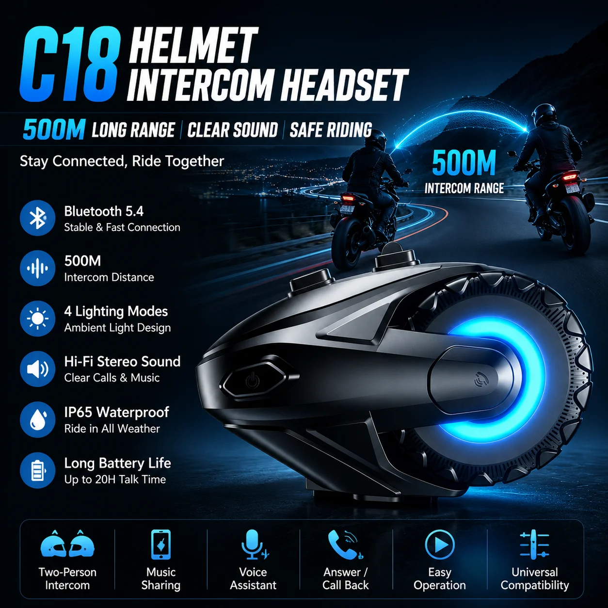 2 Stück C18 Motorradhelm-Headset Bluetooth Stereo Intercom Anruf Drahtlose Kommunikation Interphone Musik-Sharing 2-IN-1 Mikrofon