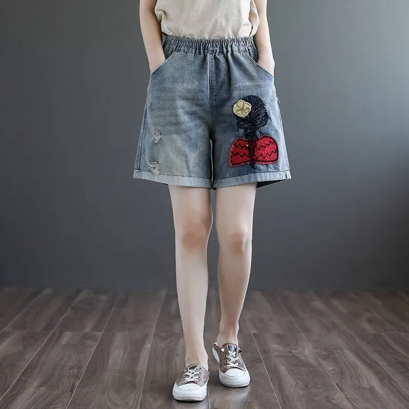 2025 Women's Embroidery Ripped Denim Shorts Spring Summer Vintage High Waist Summer Casual Streetwear Jeans Shorts