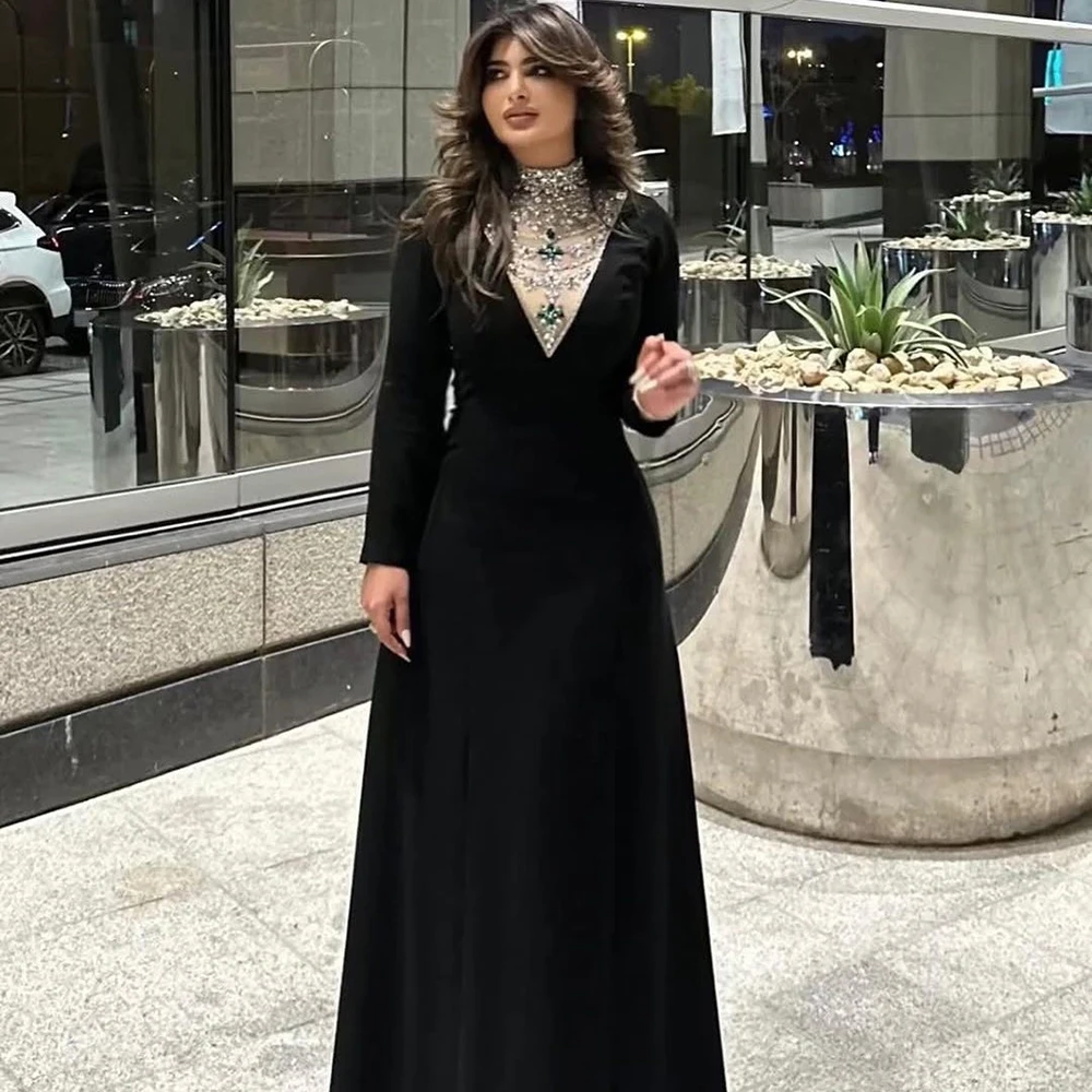 

Customized High Neck Jersey A-line Evening Dress Black Full Sleeves With Crystal A-line Party Dress Ankle Length Prom Gown