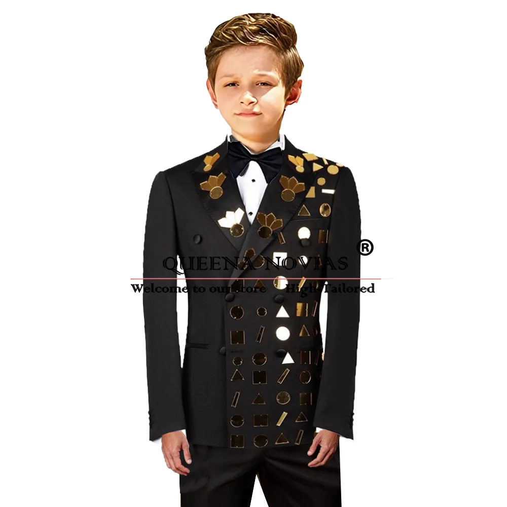 Gold Mirror Decorated Tuxedo Unique Design Double Breasted Boy Suits For Wedding Party Prom Blazer Children Birthday Kids Dress