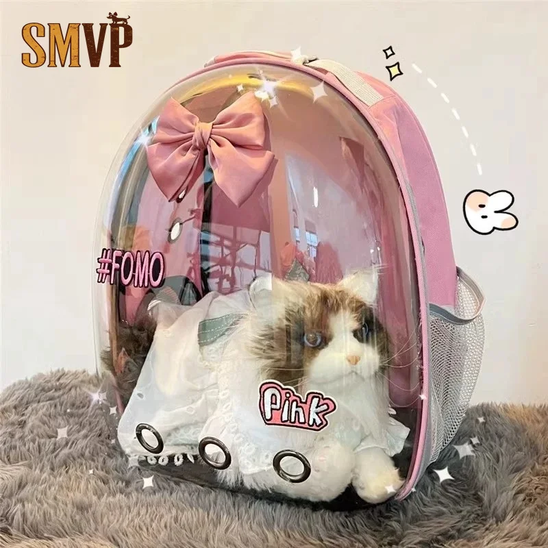 Pink Bow Decor Transparent Space Capsule Pet Backpack Breathable Dual Shoulder Travel Carrier with Mat Vent Cover for Small Pets