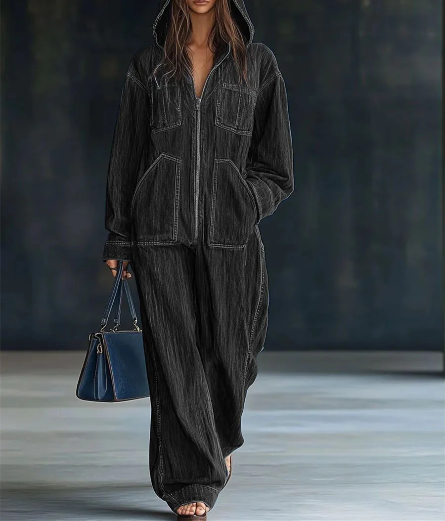 

New Autumn/Winter Fashion Casual Long Sleeve Zipper Pockets Solid Color Loose Fit Hooded Jumpsuits,2 Colors
