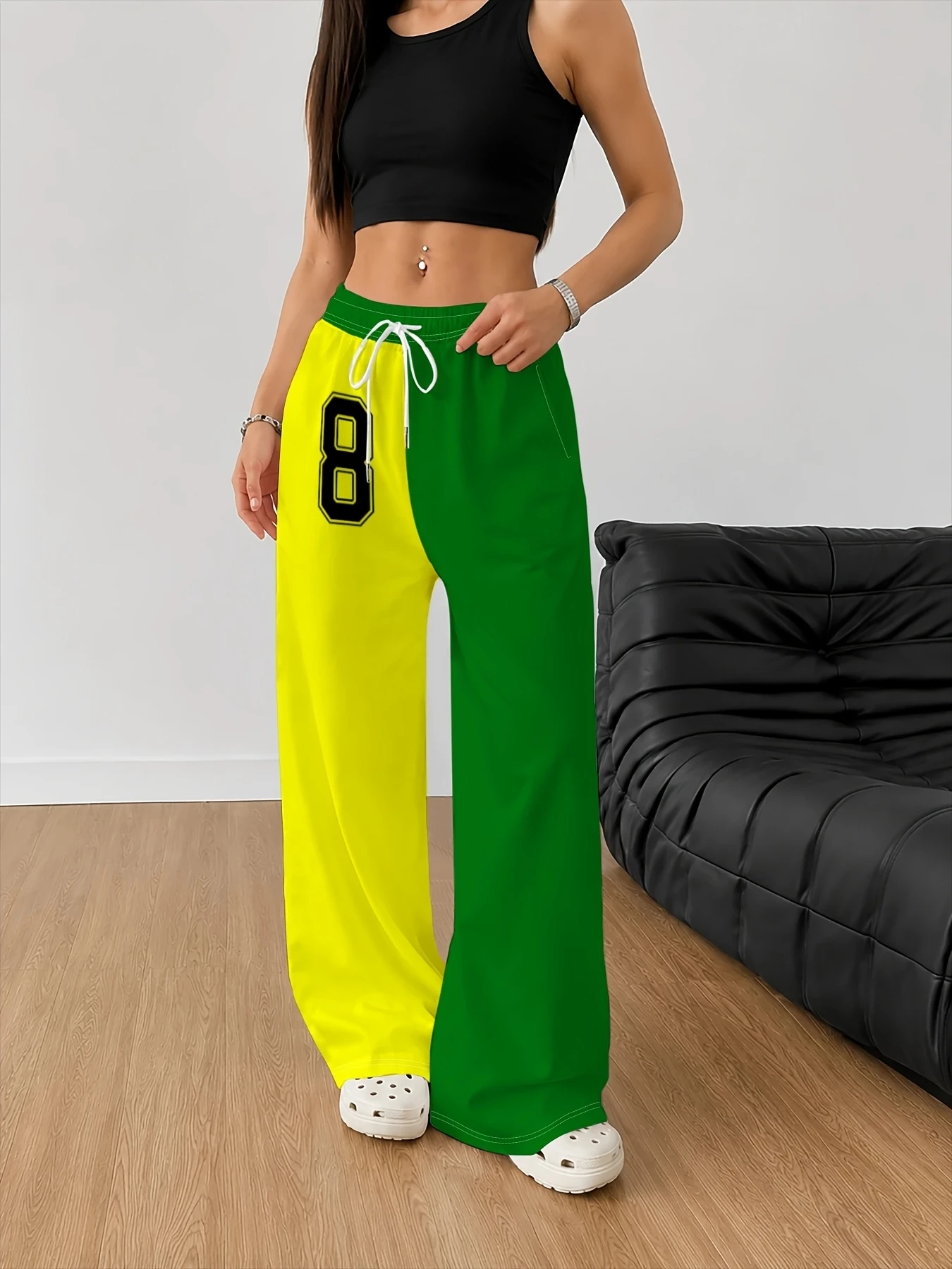 Unisex Yellow Green Contrast Digital Printed Wide Leg Pants Hip Hop Street Style Elastic High Waist Loose Sports Pants