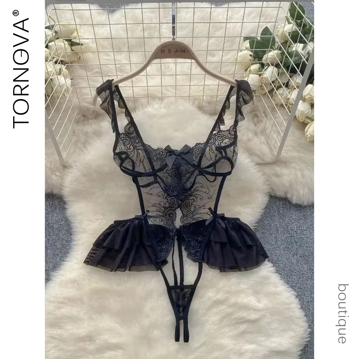 

Tornova Sexy Embroidered Jumpsuit Lace Playsuits Women Sheath Hollow Out Lingerie Ruffles Jumpsuits Transparent Sexy Bodysuits