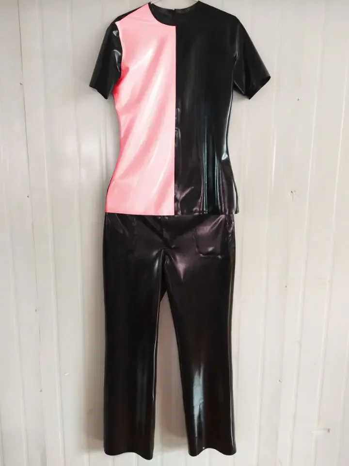 

Rubber Uniform Latex Unisex Black and Pink Top With Pants Suit Size XXS-XXL