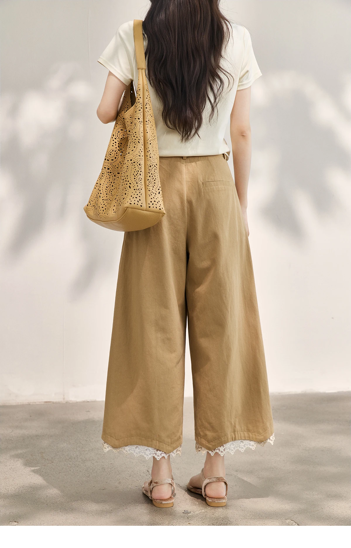 MISHOW Khaki High Waisted Wide Leg Cropped Pants For Women 2026 Summer Lace Trimmed Hem Retro Casual Loose Pants MXF24K1294