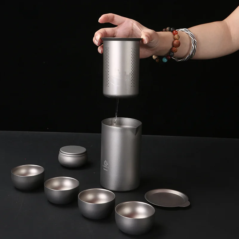 Tragbares Camping-Teetasse aus Titan zum Aufbrühen, doppellagiges, isoliertes Reise-Teeset – Detail 5