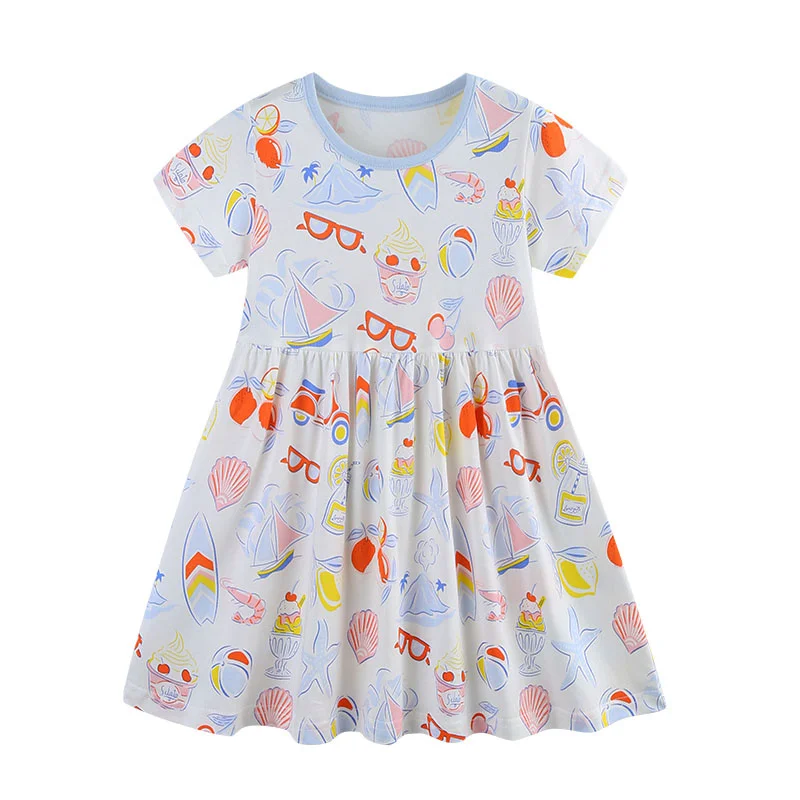 

2-7T Princess Short Sleeve Girls Dresses Summer All Printed Cute Baby Clothing Cotton Children's Clothes Kids Frocks Dresses