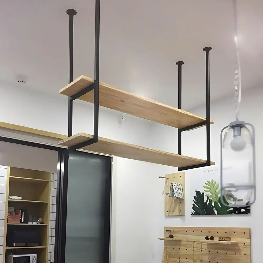 

2-Tier Wooden Partition Shelf with Black Metal Frame, Ideal for Plants, Wine, and Storage in Home, Kitchen, Bar, and Restaurant