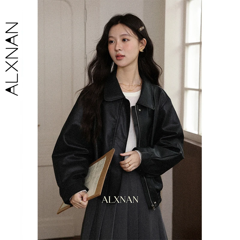 เสื้อแจ็คเก็ตหนังสีดำไซส์ใหญ่ ALXNAN แบบมีซิป ชายเสื้อยืดหยุ่น ผ้ากันน้ำ เหมาะสำหรับฤดูใบไม้ร่วง ดีไซน์อเนกประสงค์ ปกเสื้อแบบปกเชิ้ต เสื้อโค้ทผู้หญิง รุ่น D13017