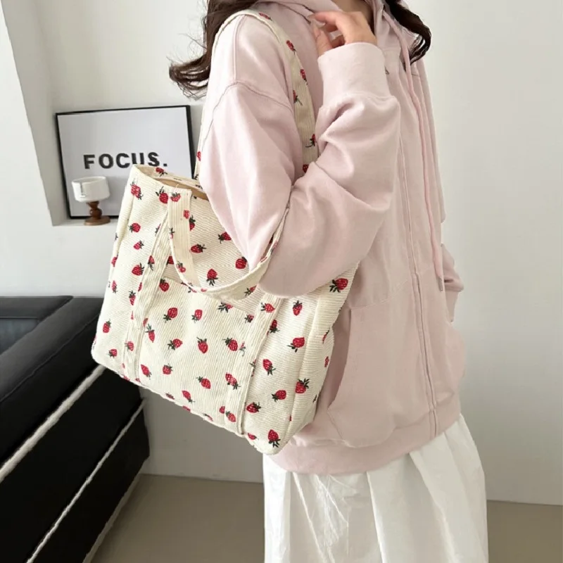 

Korean style Bag Cute Fruit Pattern Handbag Corduroy Tote Bag Versatile Commuter Women's Street Shopping Underarm bag