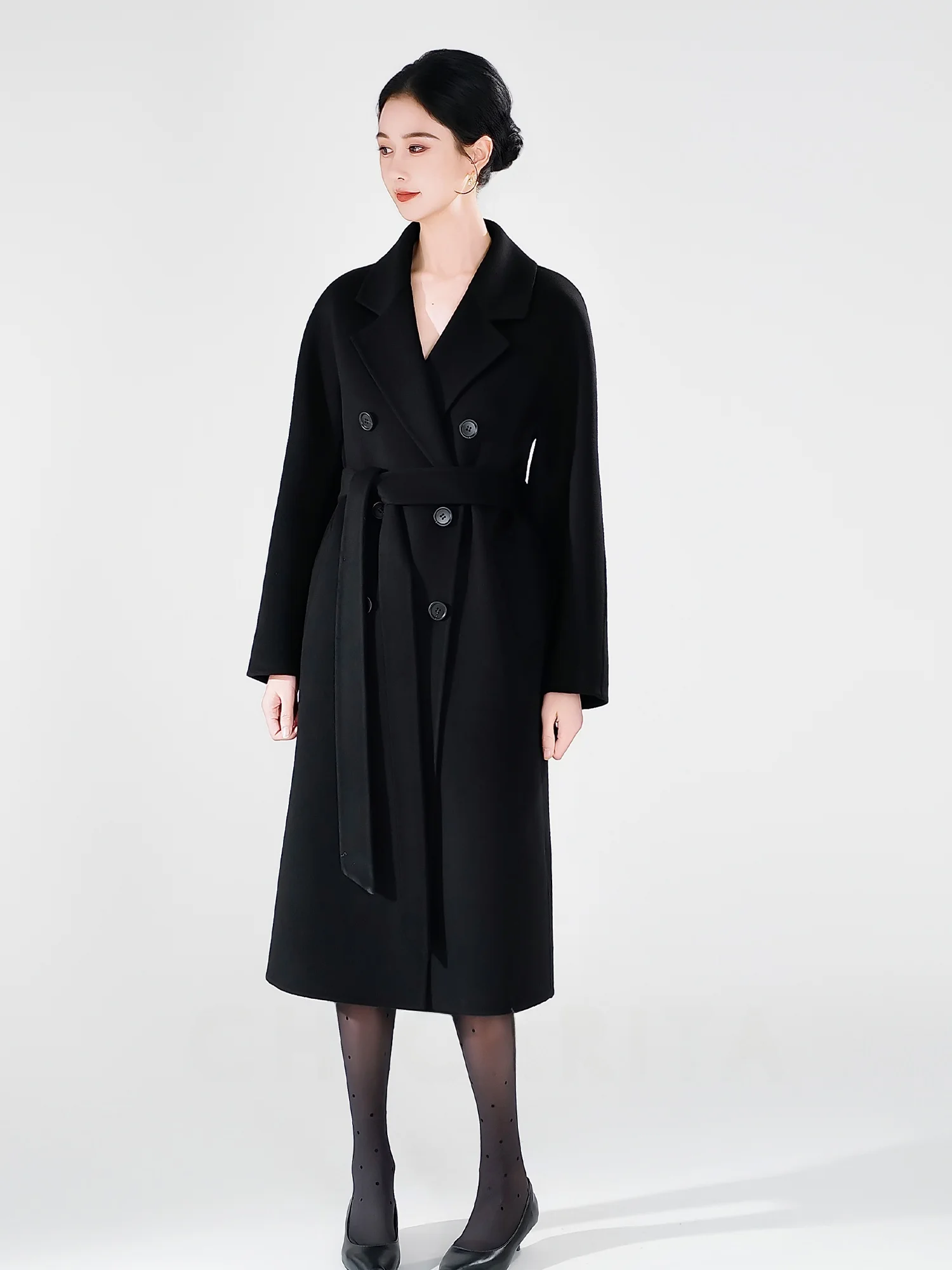 

Классическое двустороннее шерстяное пальто для женщин, шикарное твидовое пальто средней длины Arita, однотонное, с высокой талией