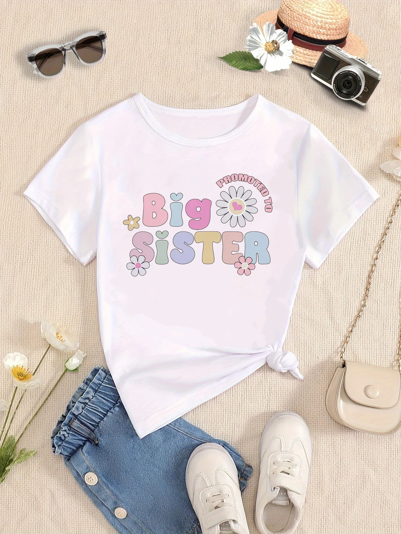 Promoted To Big Sister Flowers Printed T Shirt Girls Kawaii Kids Clothes Pregnancy Announcement Shirt Toddler Shirt