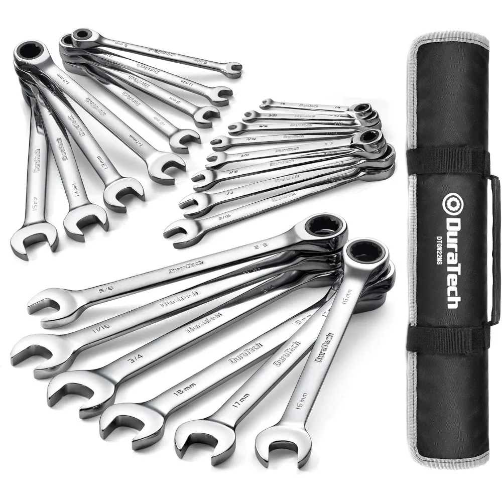 

Ratcheting Wrench Set, Combination Wrench Set, SAE & Metric, 22-piece, 1/4" to 3/4" & 6-18mm, CR-V Steel, with Pouch