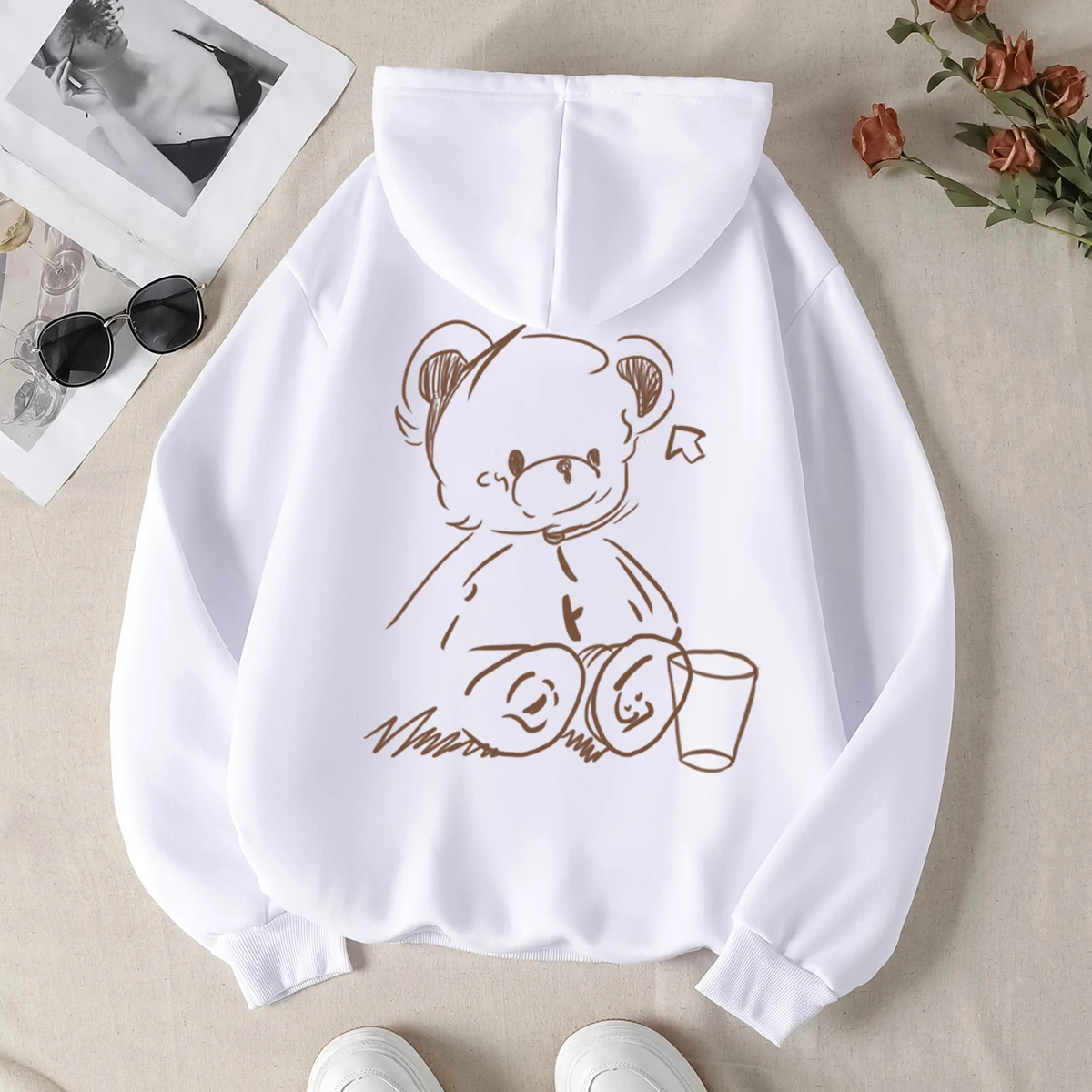 Cute Bear print hoodie for women High Street Vintage Hip Hop Young women Clothing Loose sweatshirt clothes Y2K hoodie