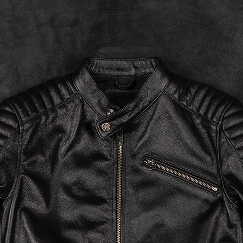 2023 New Top-Layer Cowhide Genuine Leather Jacket Men\'s Slim-Fit Stand-Up Collar Motorcycle Leather Jacket Casual Retro Fashion