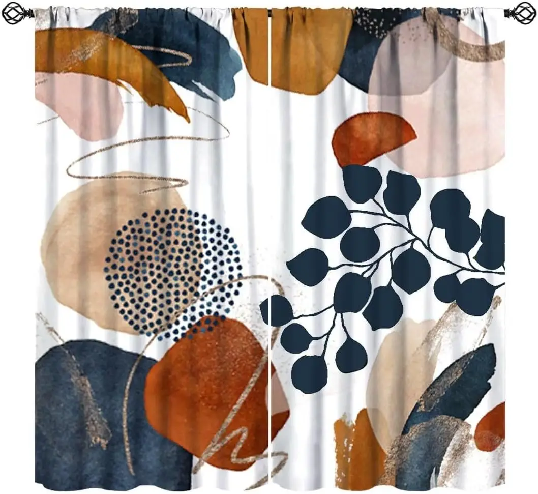 Abstract Leaves Curtains, Boho Mid Century Blue Orange Window Drapes Modern Minimalist Art Print Blackout Window Treatments for