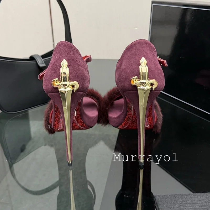 Fur Sandals Women Metal Decor Thin High Heels Shoes Open Toe Ankle Strap Sandalias Mujer Summer Sexy Party Dress Wedding Shoes view 6