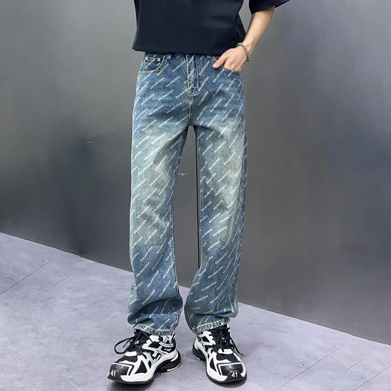 Trendy American letter print men's jeans loose fit straight pants new pants 2024 street trend male