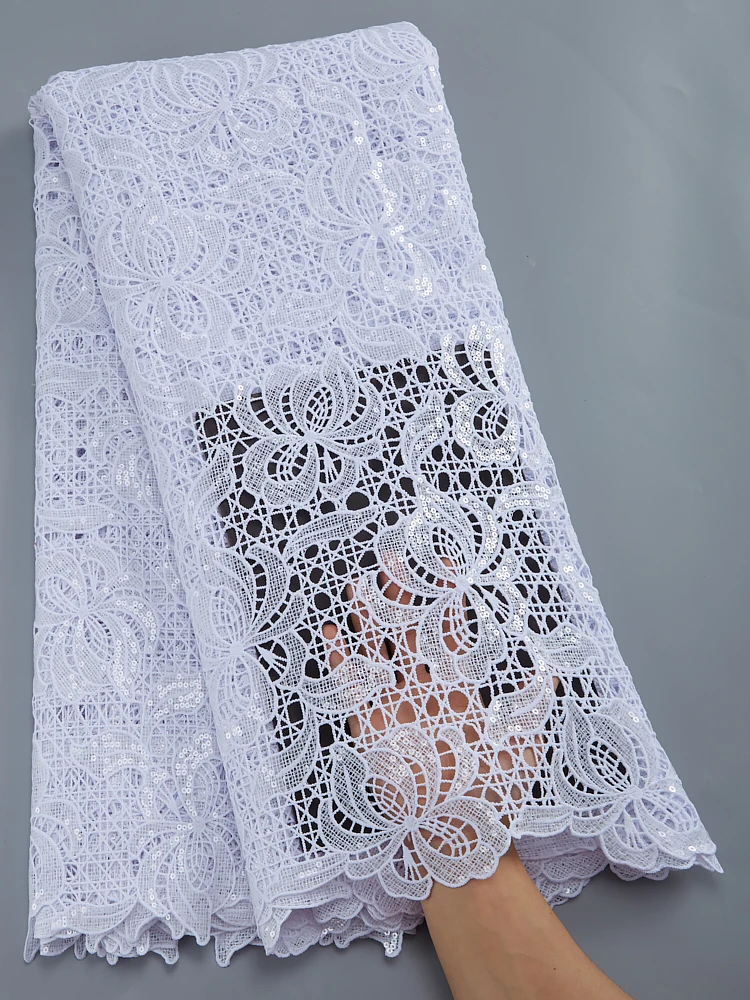 

Zhenguiru White High Quality African Lace Fabric 2022 Nigerian French Guipure Cord Lace With Sequins For Festival Dress A2840