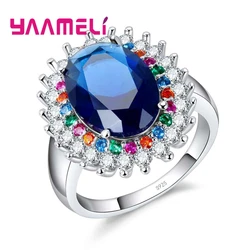 Elegant Ocean Blue Stone Round Rings Party Wedding Jewelry For Women Birthday Gift 925 Sterling Silver Big Surprise