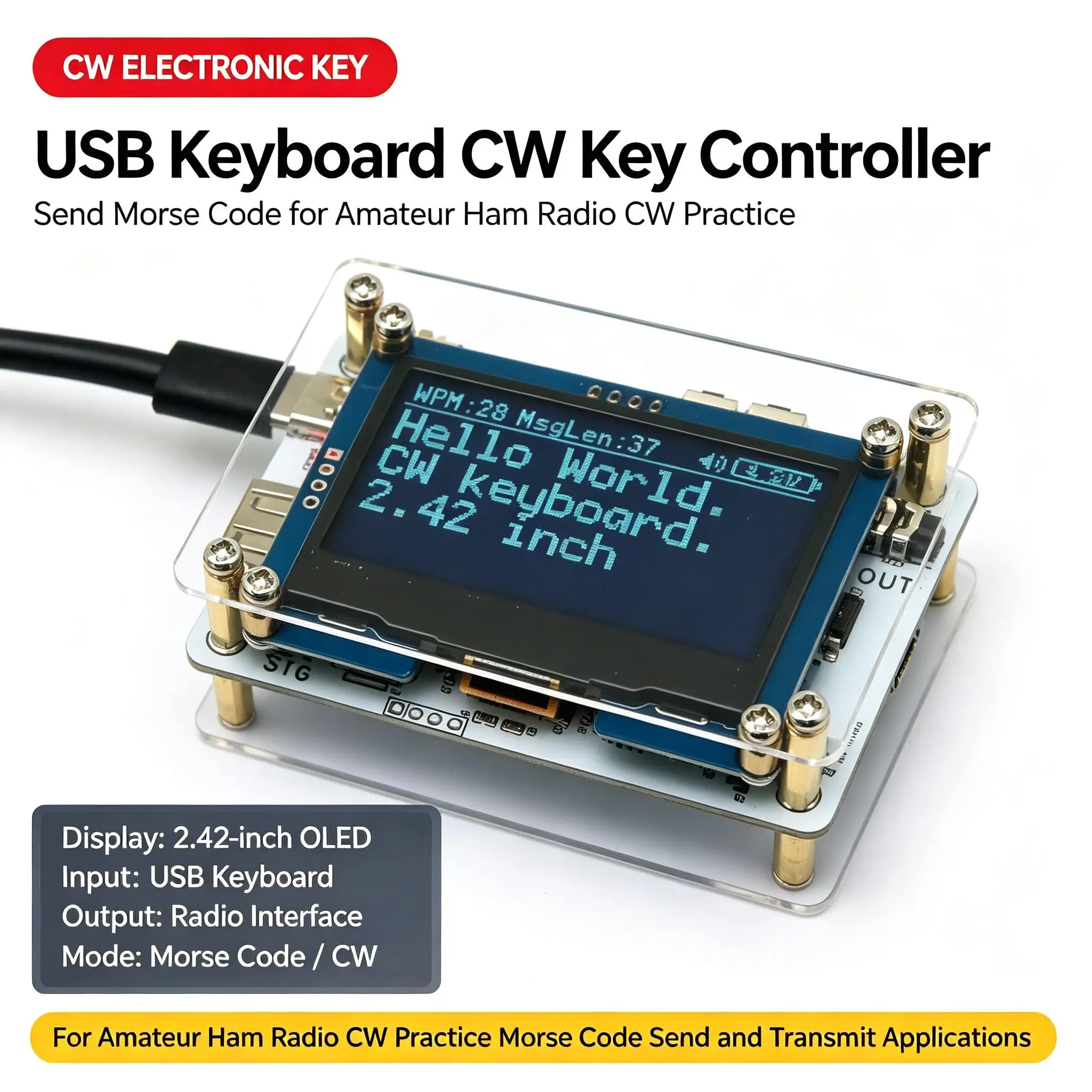 DYKB USB CW Keyer Electronic Controller Morse Code Encoder 2.42inch OLED Display Ham Radio Practice Transmit Iambic Keyer Module