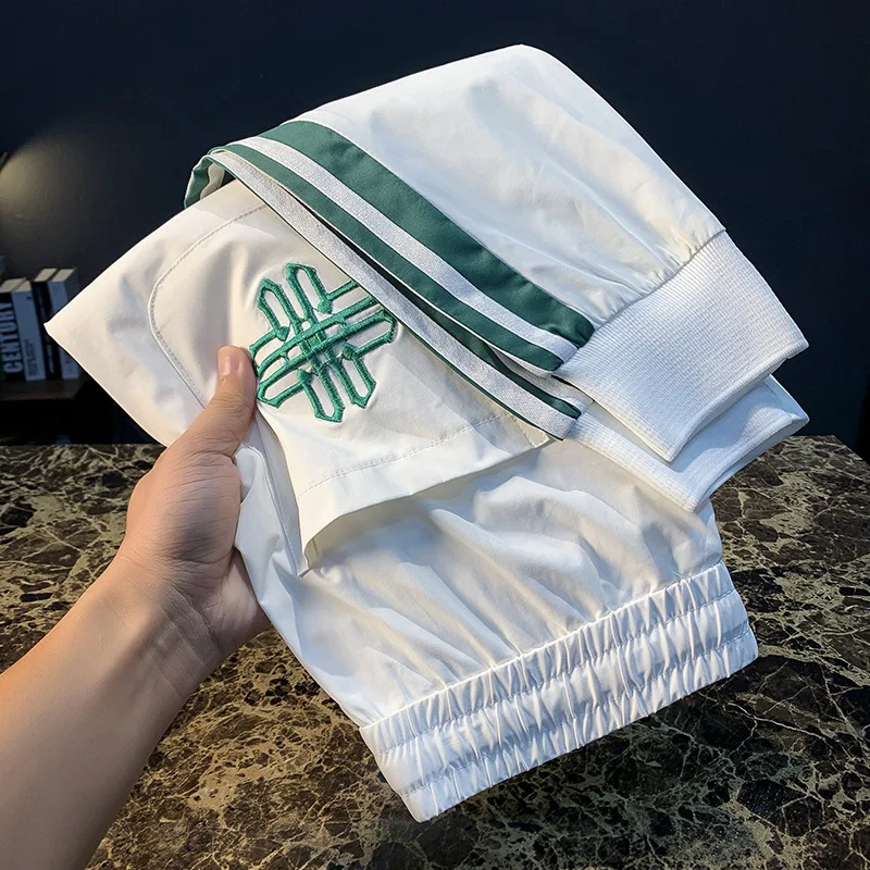 

2025 Новые повседневные мужские брюки из ледяного шелка, летние, тонкие, спортивные, модные, легкие, роскошные, высококачественные быстросохнущие брюки с вышивкой