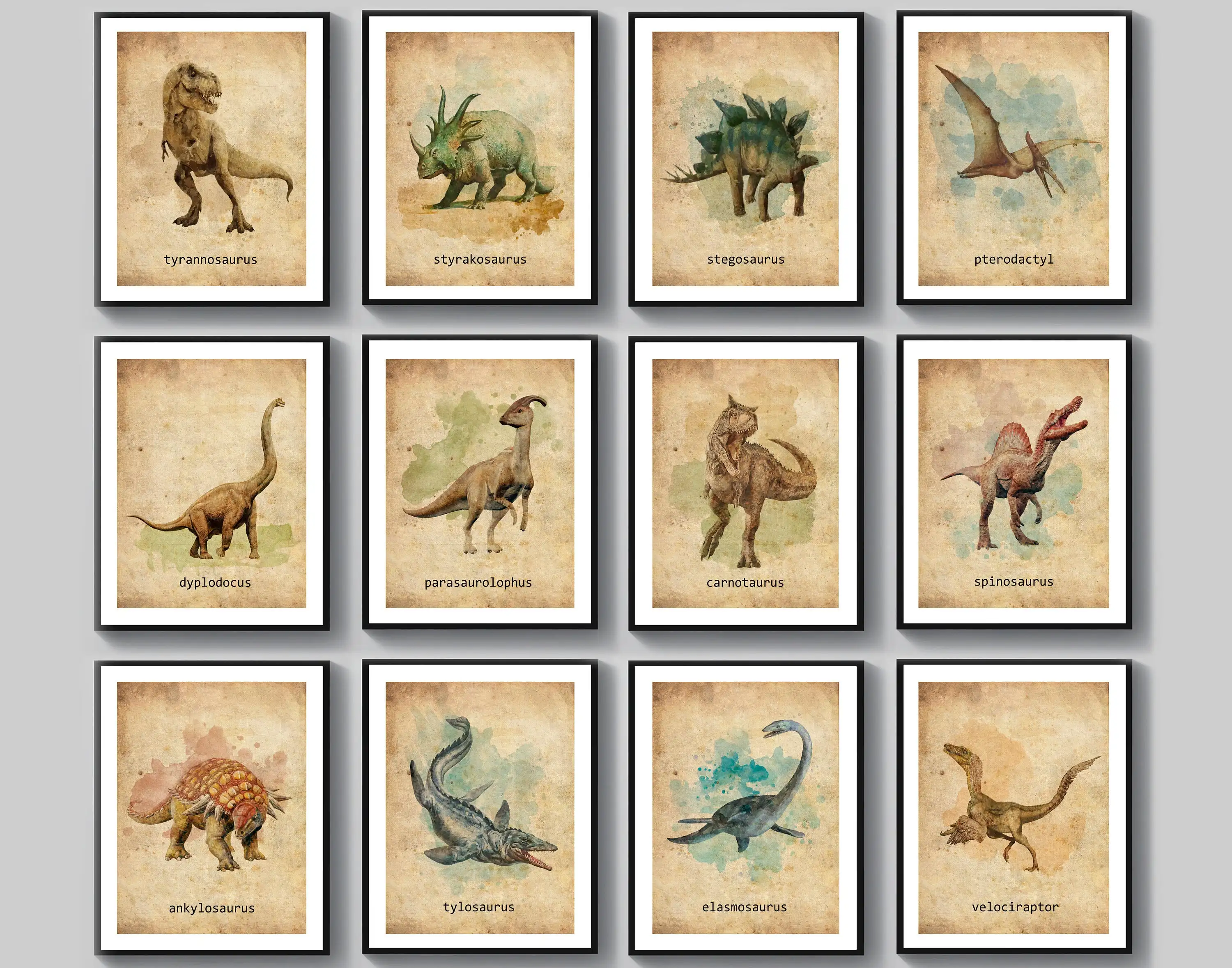 

Watercolor Dinosaur T-rex Triceratops Retro Posters Art Print Home Decor Wall Nursery Kids Poster for kids rooms Canvas Painting