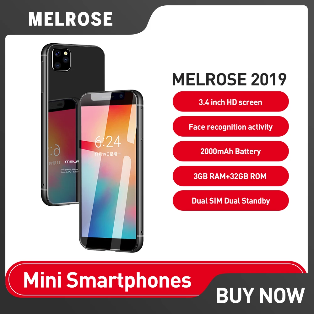 Melrose 2019 4G LTE 스마트폰, 안드로이드 슈퍼 미니 폰, 3.4 인치 울트라 슬림 쿼드 코어 휴대폰, 5MP 2000mAh 얼굴 인식