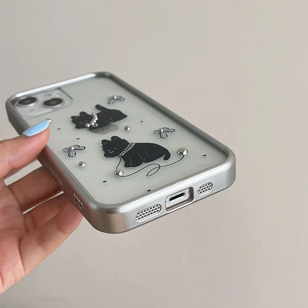 Coreia bonito dos desenhos animados cão preto 3d colar arco capa de telefone para iphone 15 pro max 12 13 14 pro max moldura de prata caso à prova de choque