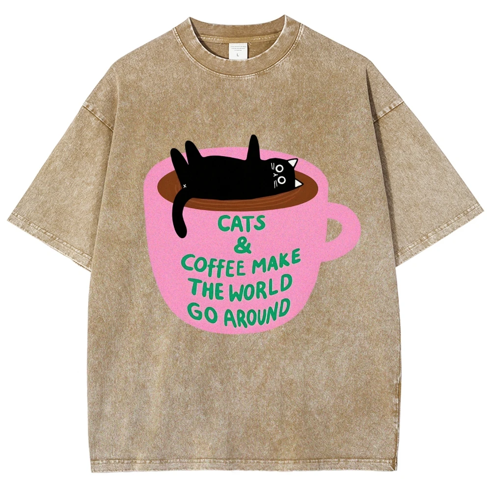 Plus size unissex ajuste café faz o mundo redondo vintage camiseta padrão y2k camiseta gráfica para mulher 100% algodão 2024 verão