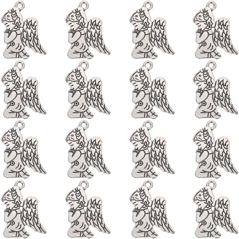 40Pcs Valentine Angel Charms Silver Guardian Angel Wing Charm Bulk Antique Tibetan Alloy Fairy Tale Pendants Wings Charms