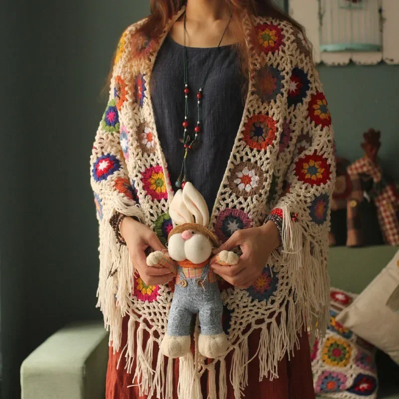 

2025 Pure Handmade Retro Mori Girl Mori Arts Fan Knit Hollow Scarf Shawl Original Triangle Scarf Tassel Cape