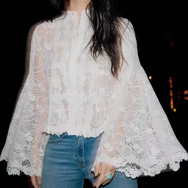 

WAKUTA Summer Round Neck Light Mature Exquisite Trumpet Sleeves White Top Women Niche Design Lace Shirt Victorian Blouse White