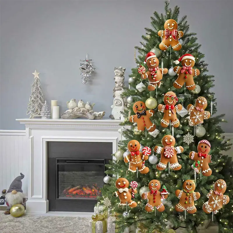 12 pieces of gingerbread man Christmas tree decoration plug-in plastic hollow board with pole Christmas atmosphere props, 2D