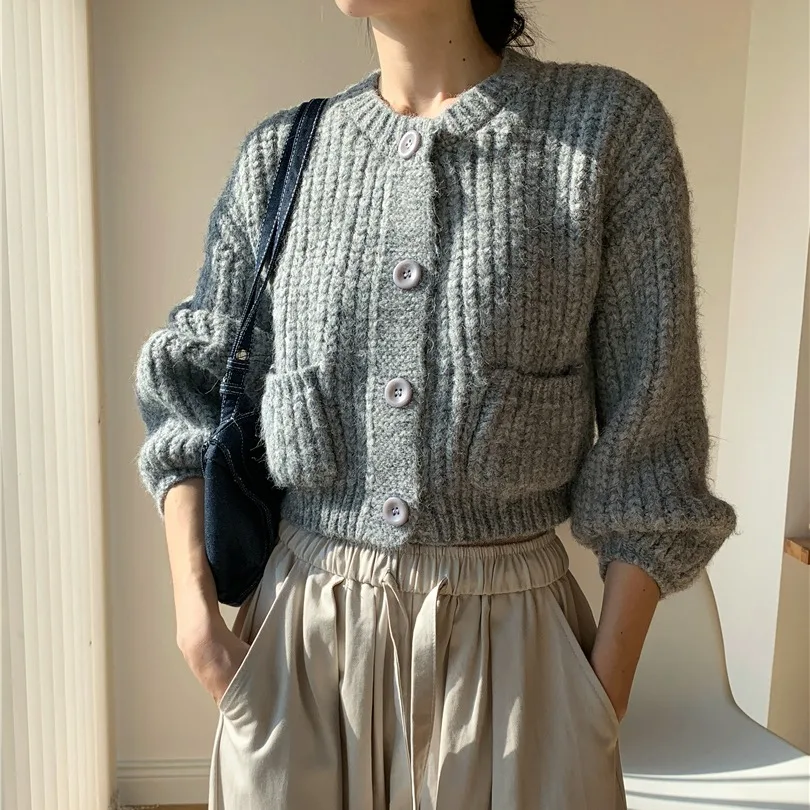 سترة نسائية فضفاضة محبوكة برقبة مستديرة وقصيرة للخريف والشتاء بأسلوب كوري ناعم ومريح بنسيج كابل مفتوح #4