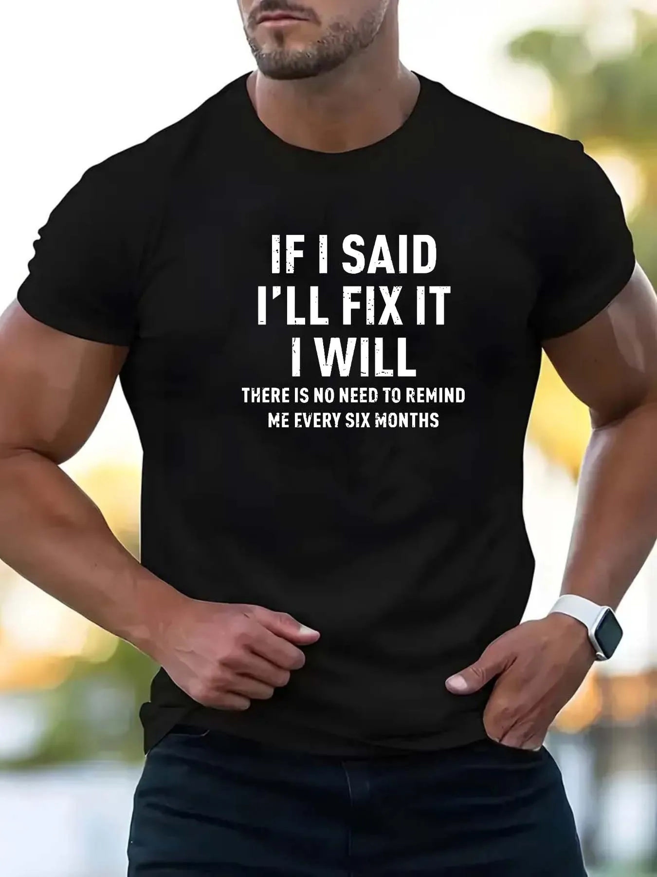 [Home Casual] Men's Dark Gray Casual T Shirt with 'Fix It When I Say It' Printed on It Comfortable Round Neck Design, Suitable for Outdoor and Daily Wear, , PLUS SIZE