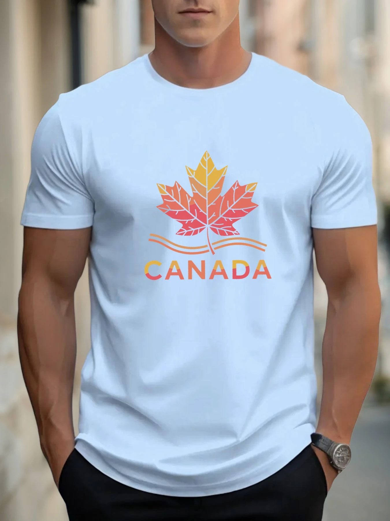 Pop Men's Cotton T-shirt, Summer Round Neck Short Sleeves, Canadian Maple Leaf Print Breathable Streetwear Fashion Cool T-shirt
