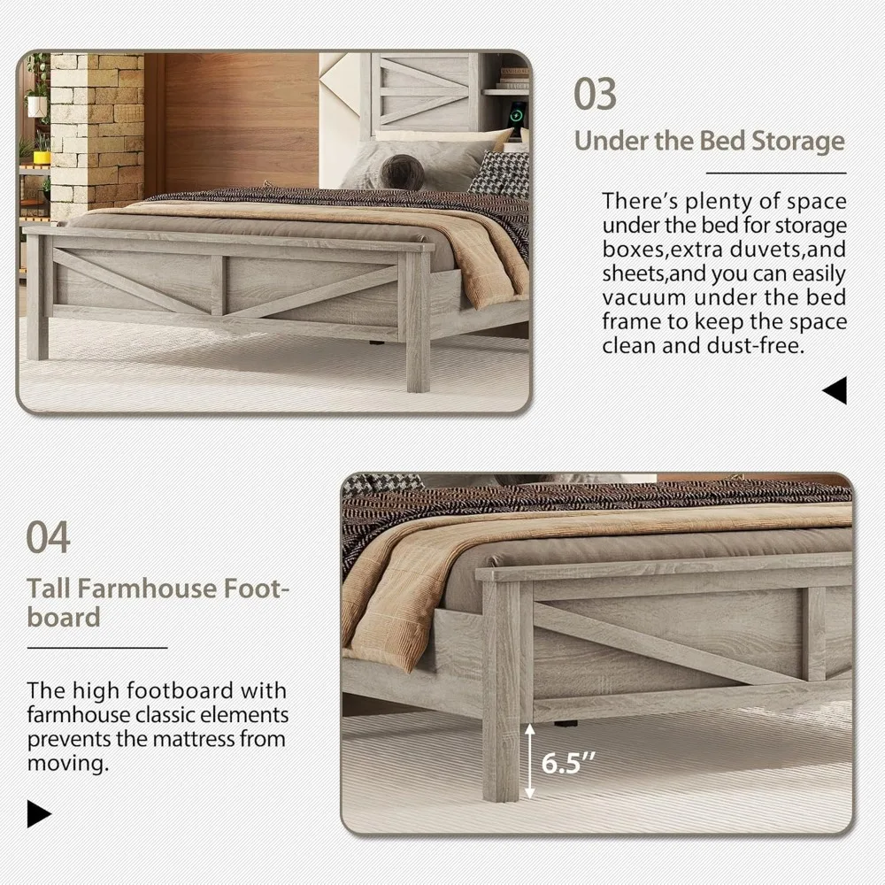 3-częściowe zestawy do sypialni Farmhouse, łóżko na platformie w rozmiarze queen z szafką nocną i schowkiem na 6 szuflad, łóżko na platformie z drewna