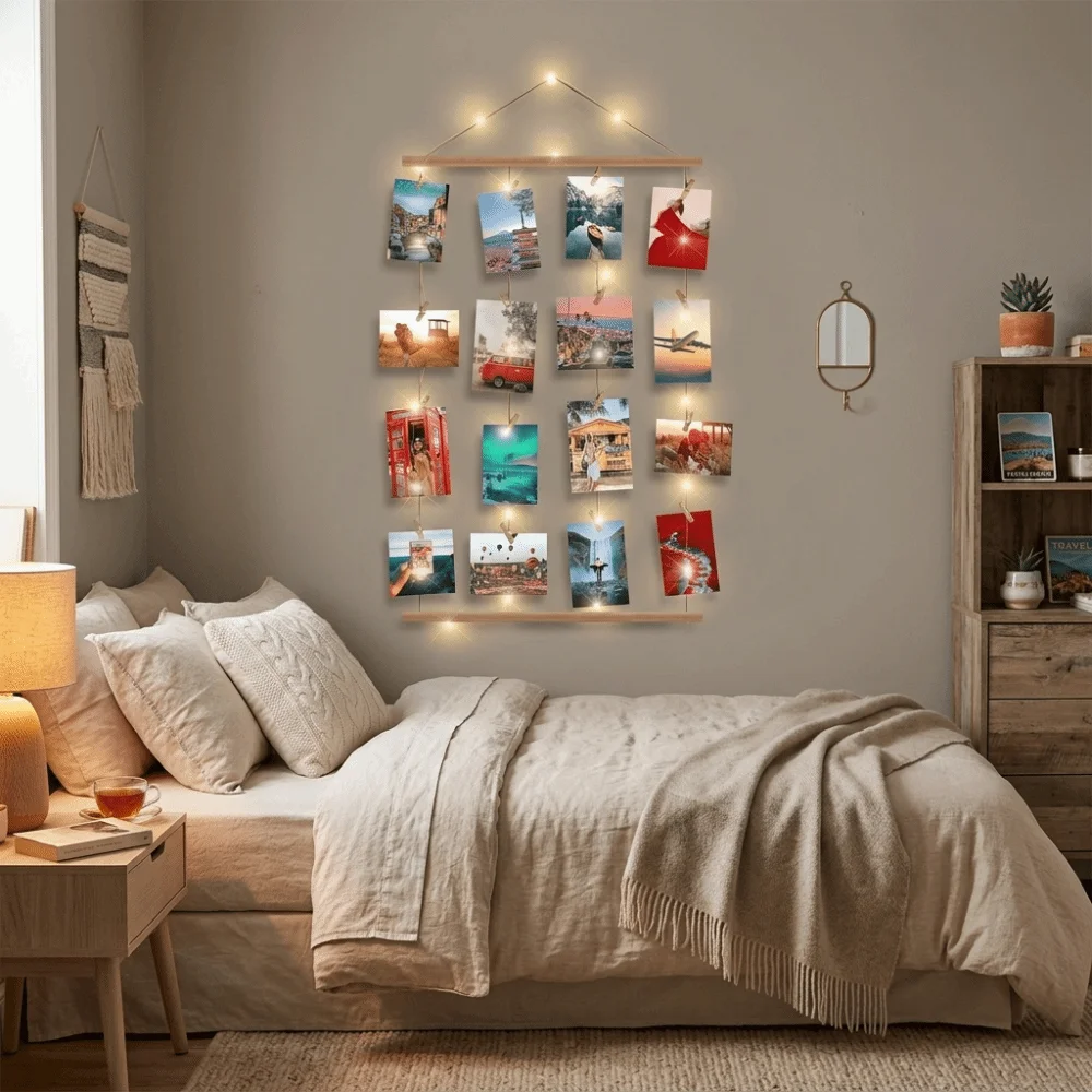 Includes Clips Hanging Photo Display Minimalist DIY Wooden Hanging Photo Clip Handcrafted Decorative Photo Collage Frame Office
