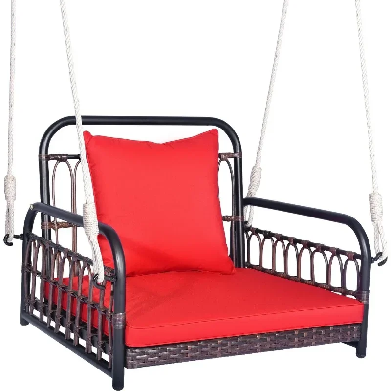 Outdoor Metal Porch Swing, Single Person Hanging Seat w/Woven Rattan Backrest, 2 Sturdy Hanging Ropes, Seat & Back Cushions