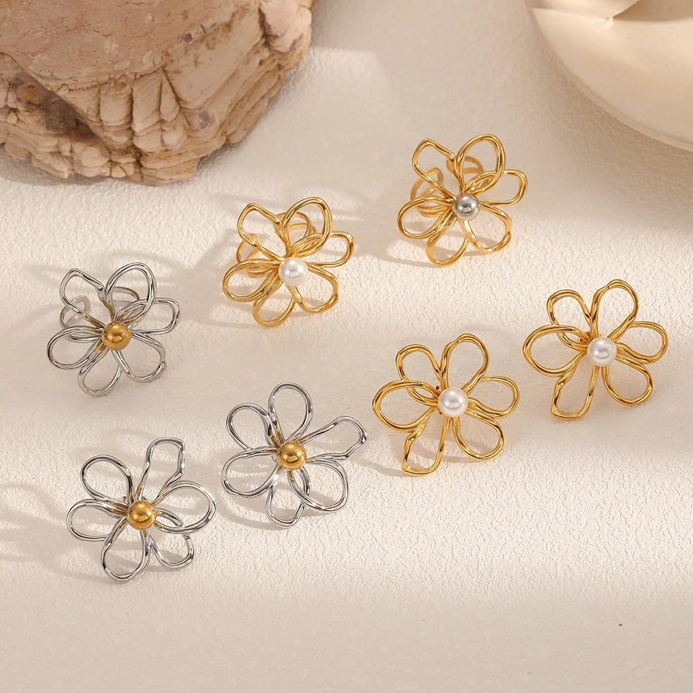 Zarte Edelstahl-Hohlblumenringe und Ohrringe Set für Damen, Trendiger Schmuck, Accessoires, Geschenke – Detail 2