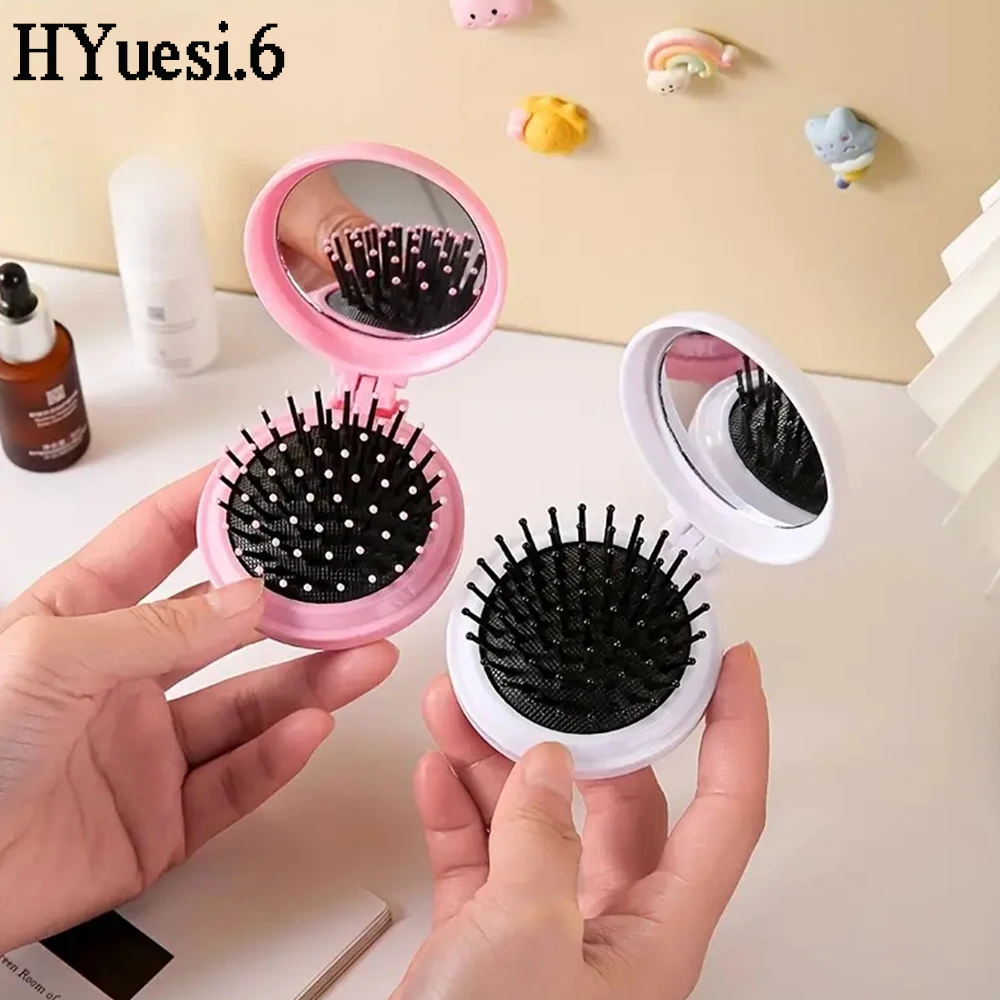 Mini Foldable Round Massage Hair Comb Travel Multifunctional Compact Hair Brush With Mirror For Women Girls Styling Tools