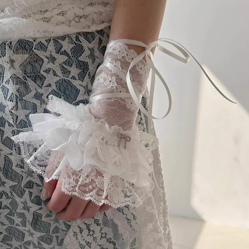 

Sweet Lolita Lace Ruffle Calf Socks JK Lolita Mesh Lace Arm Sleeves Cute Punk Ruffle Gloves Accessories for Y2K Girls Oversleeve