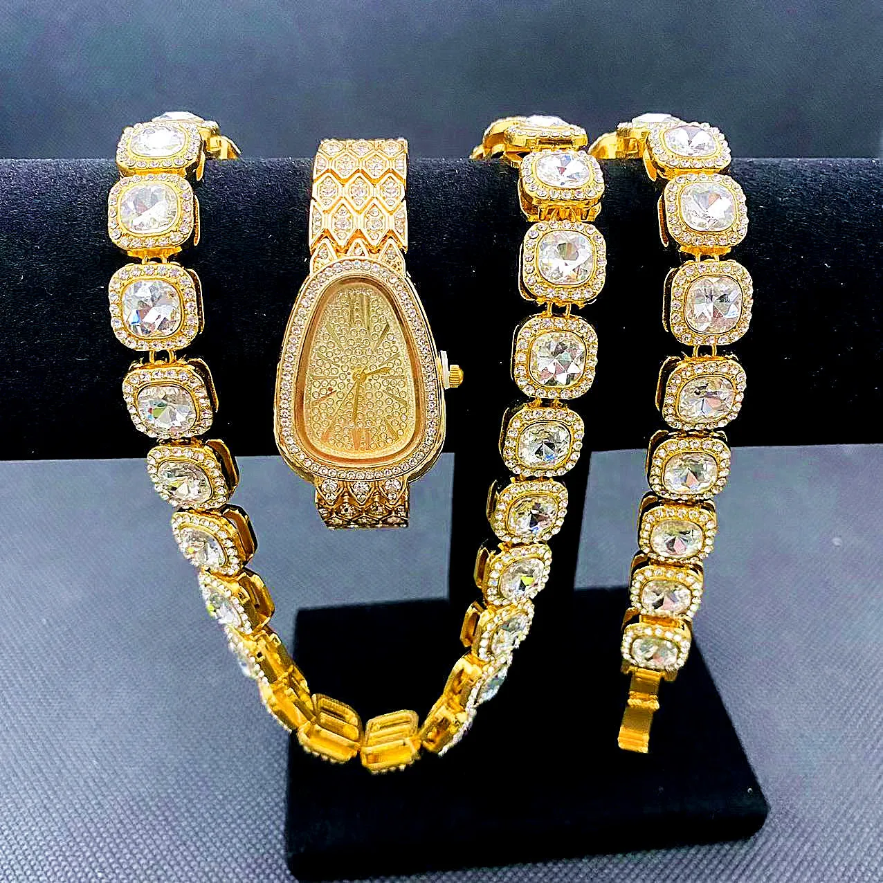 Orologi ghiacciati per donna orologio in oro serpente catene a maglie in argento bracciale collana girocollo Bling gioielli per donna Set di orologi