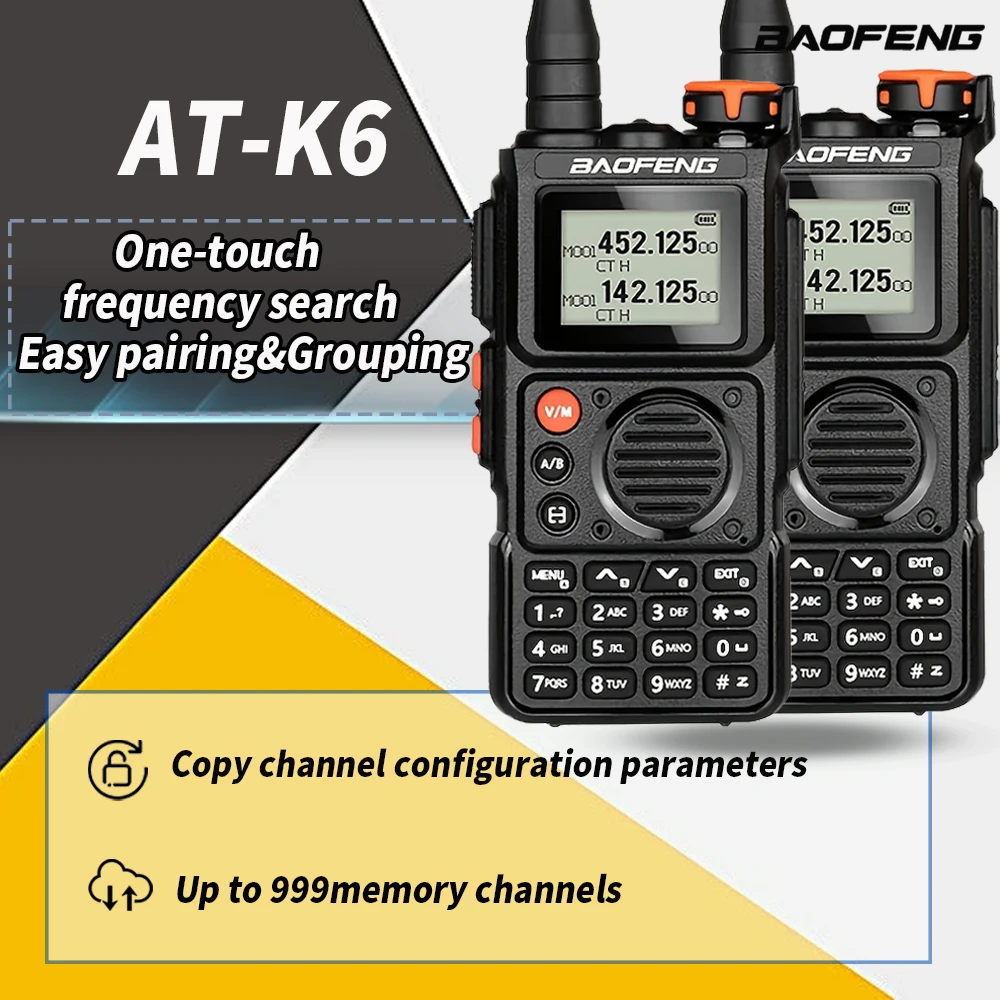 Rádio Walkie Talkie Baofeng AT-K6 5W Tri-Banda VHF/UHF com 999 Canais, Cópia de Frequência Sem Fio, Carregador Tipo-C, Longo Alcance, Rádio Amador