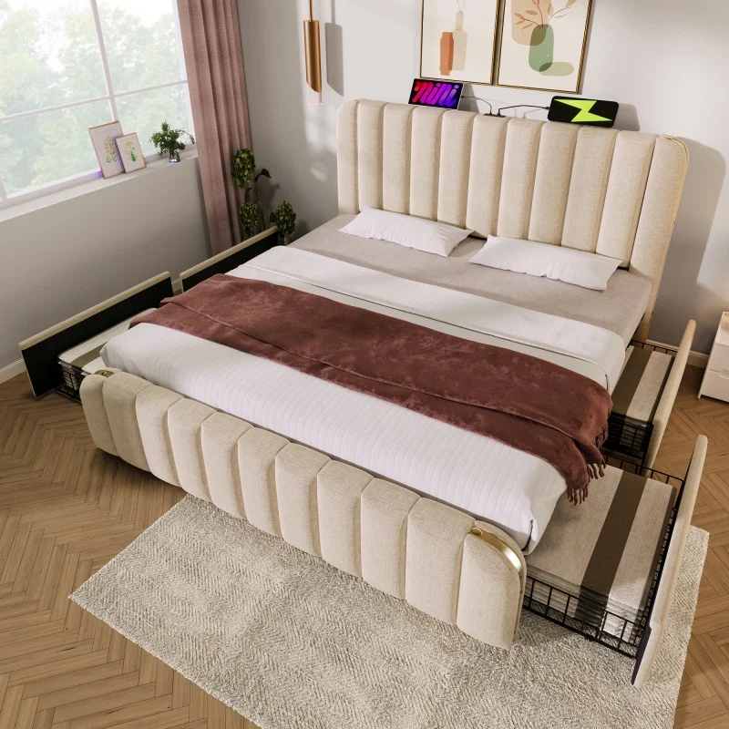 

# Modern Tufted Headboard Platform Bed Frame With Metal Storage Drawer Space-Saving Soft Linen Bedroom